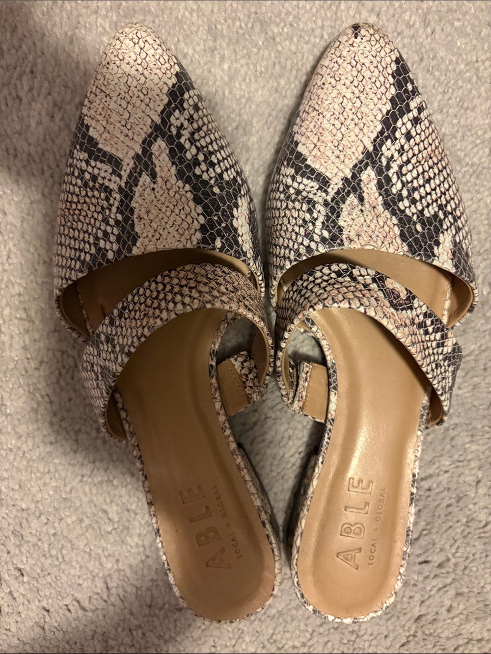 Able Snake-Print Pointed Slip-On Mules in Beige and Black